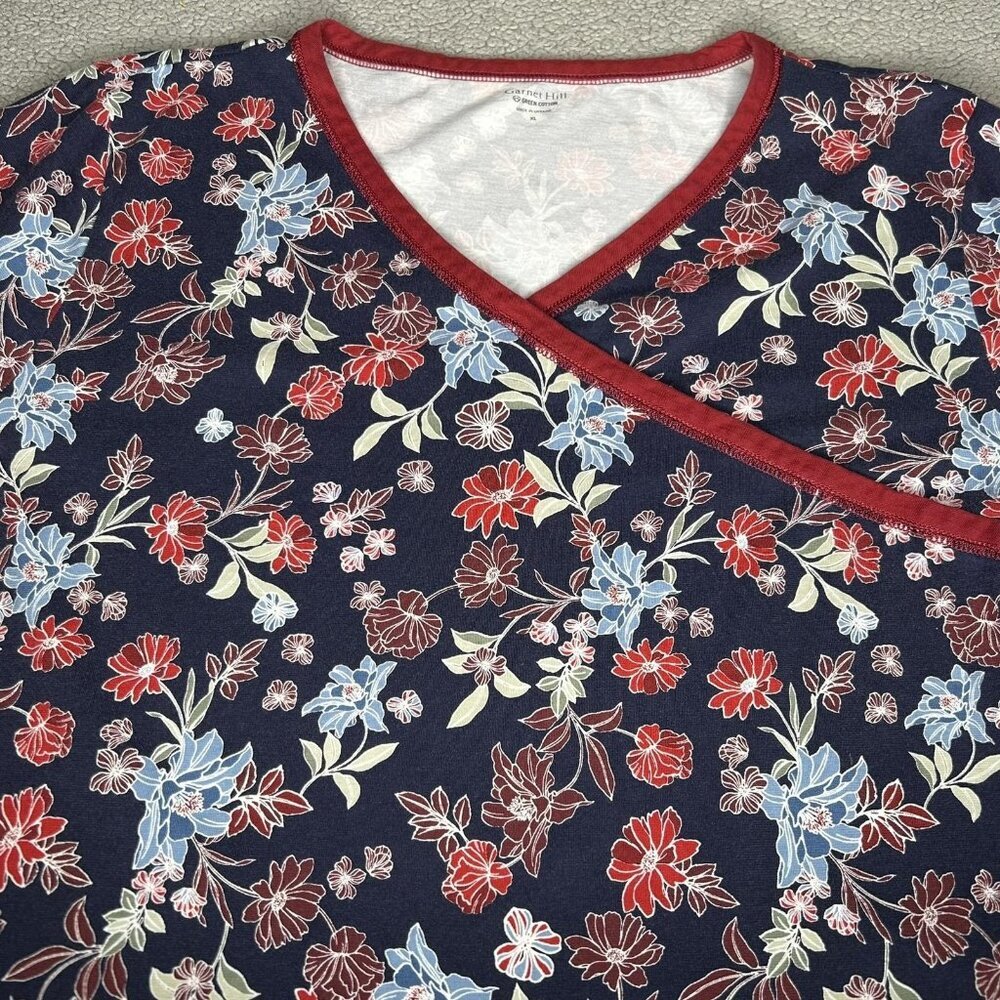 Garnet Hill Shirt Womens XL Blue Floral V Neck Organic Cotton Pajama Top Lounge